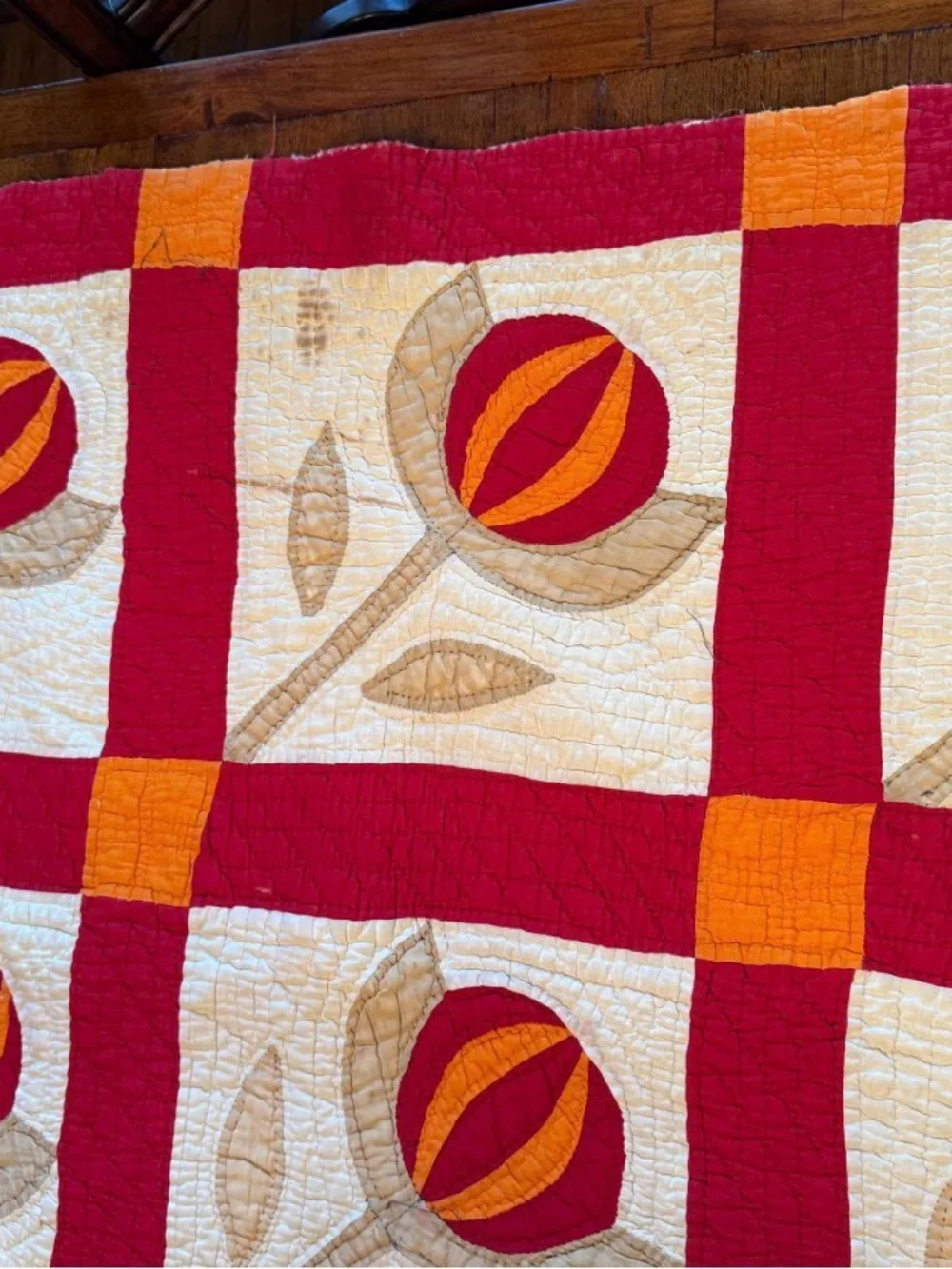 Antique Love Apple Patchwork Quilt in Red, Orange, Cream c 1850